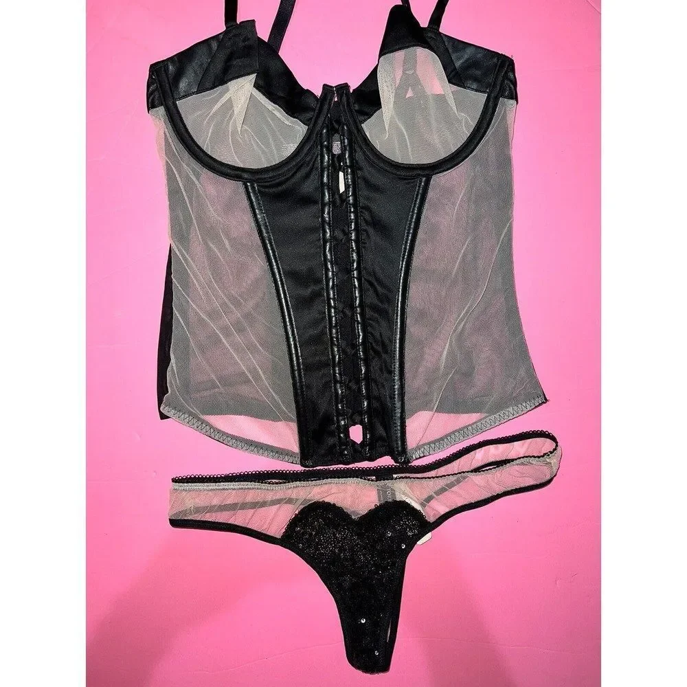 Victoria's Secret unlined 34B BRA SET+CORSET+GARTER panty NUDE Beige Black satin